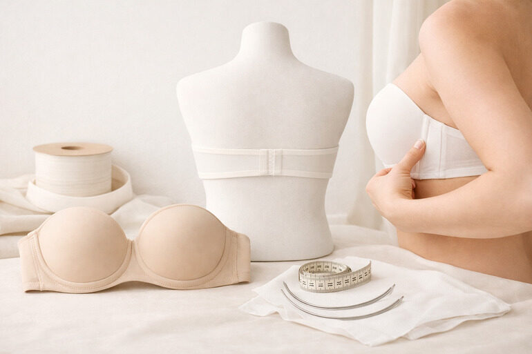 Strapless bra on mannequin showing fit, support, and design details.