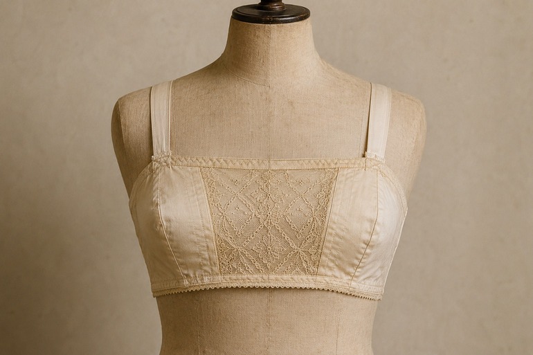 Cream bandeau bra on a dress form representing the flatter bust silhouette popular during the 1920s