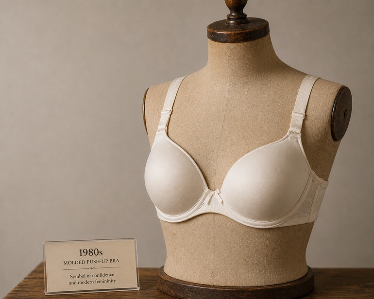 White molded push-up bra on a dress form representing lingerie technology and fashion trends of the 1980s and 1990s