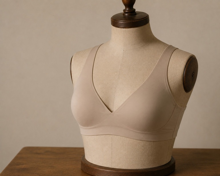 Beige wireless bralette on a dress form representing modern comfort-focused lingerie design
