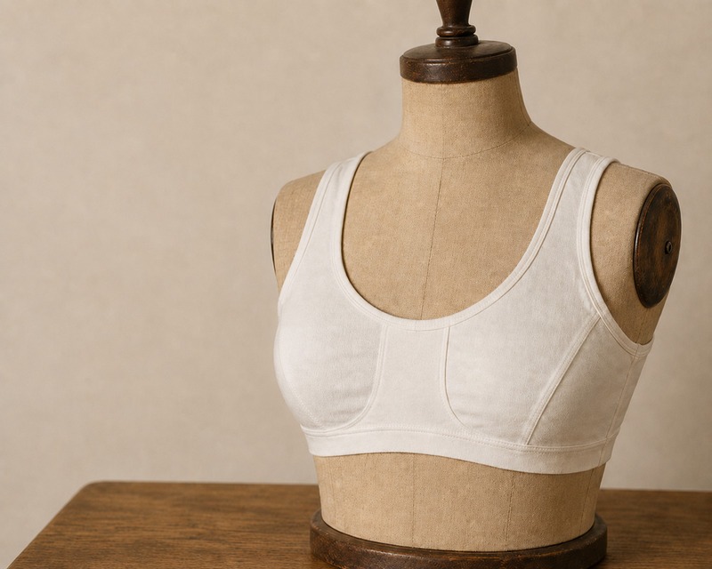 White early-style sports bra on a dress form representing 1970s bra styles