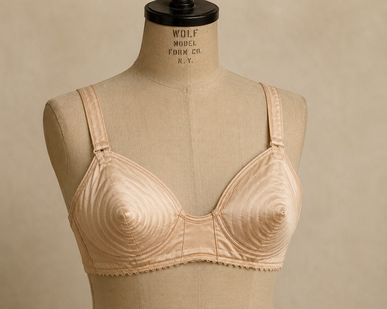 Satin pointed-cup bullet bra on a dress form representing structured lingerie styles of the 1940s and 1950s