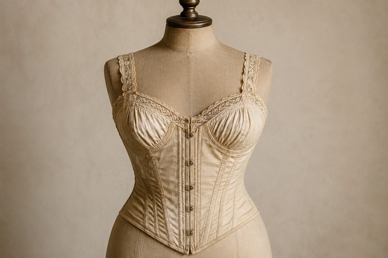 Cream satin corset on a dress form representing foundation garments worn before the modern bra